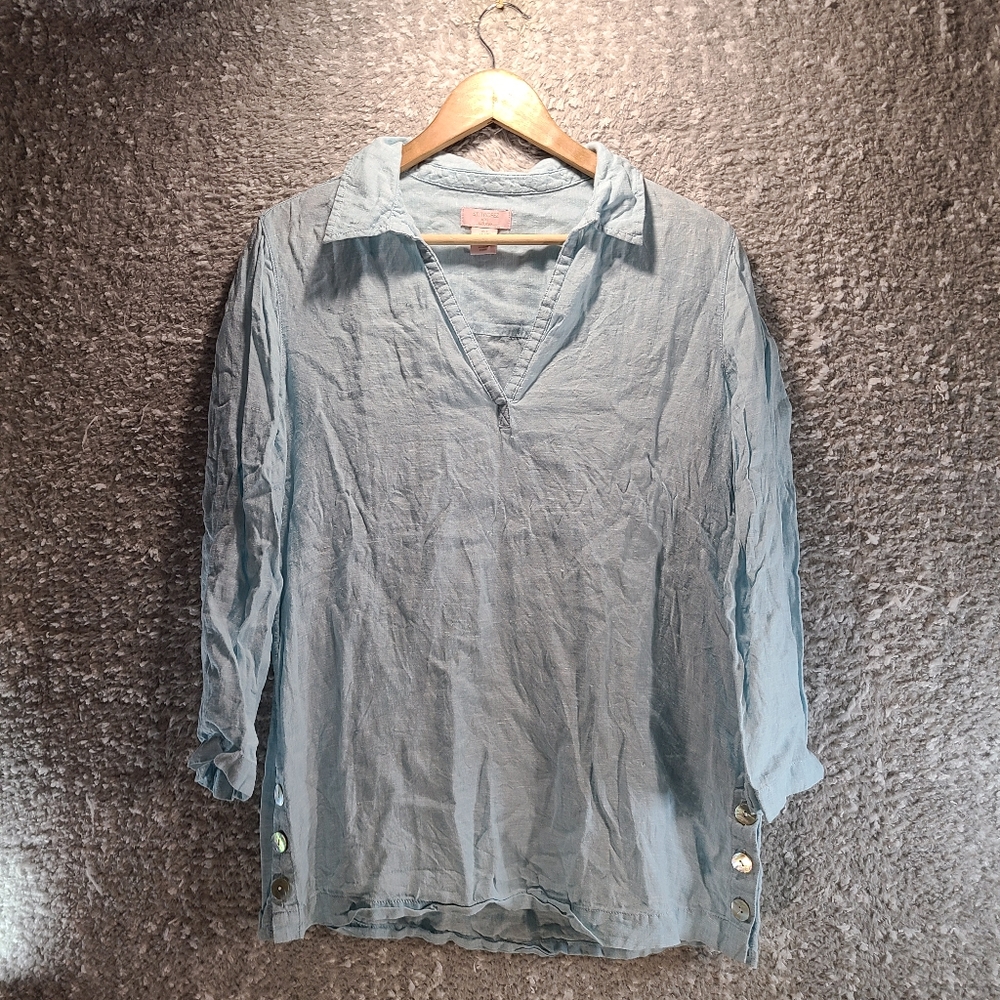 St. Tropez West 100%‎ Linen Collared Tunic Top Blue V-Neck Buttons 3/4 Sleeve